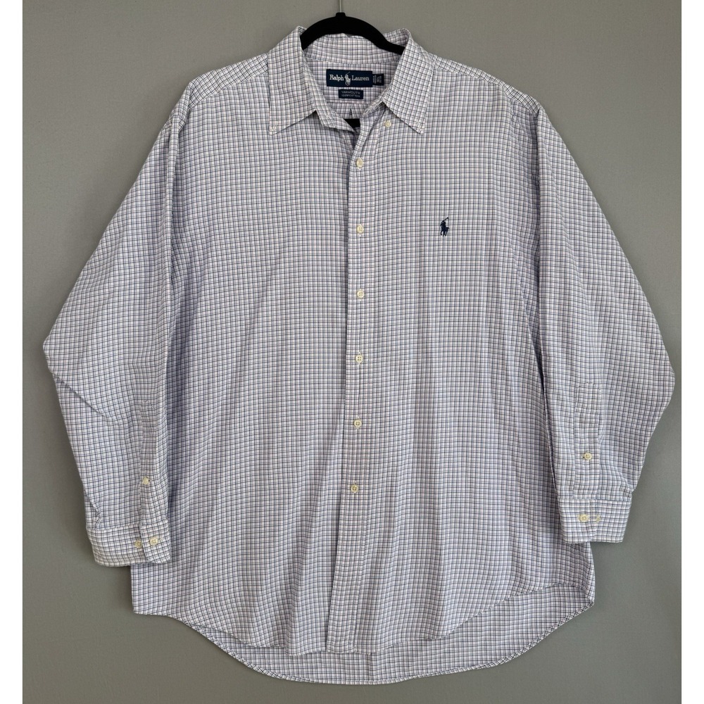 Polo Ralph Lauren Mens 16.5 32/33 Yarmouth Oxford Shirt Blue Pink Plaid Pony